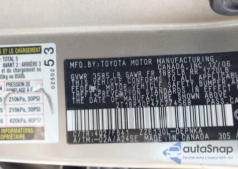 2007 Toyota Corolla Le from USA, damaged, VIN 2T1BR30E47C774568